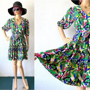 XS Summer Dress Ruffled Tiered Skirt Puffed Sleeves Colorful Abstract Botanical